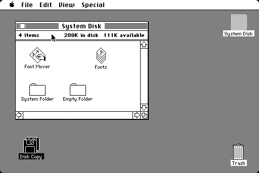 Mac System 1.1g icons on desktop