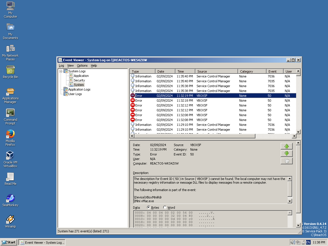 ReactOS 0.4.14 Event Viewer
