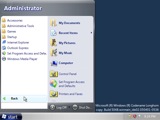 Longhorn 5048 Start menu